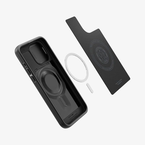 ACS06599 - iPhone 15 Pro Max Case Optik Armor (MagFit) in black showing the back with lens slot open